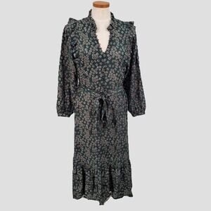 Outerknown Stardust Floral Silk Blend Midi Dress Ruffle Collar Tie Waist Green S